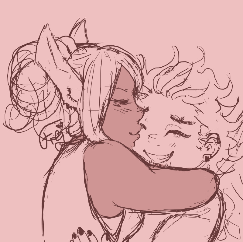 Messy sketch of Miruko in sideview hugging Hawks around the neck, kissing him next to the bridge of the nose, her hair up in a messy bun andwearing a tanktop. Hawks is in 3/4 view, smiling with his eyes clothes, wearing a sweater and holding on to Miruko's side. The backround is somewhere between peach and beige.