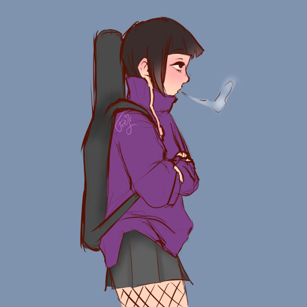 Jiro dressed in aa bulky purple sweater, black skirt and fishnets, carrying a guitarcase on her back. In a sideview, she's got her arms around herself, breathing out a puff of cold air. The background is a solid grey-blue.