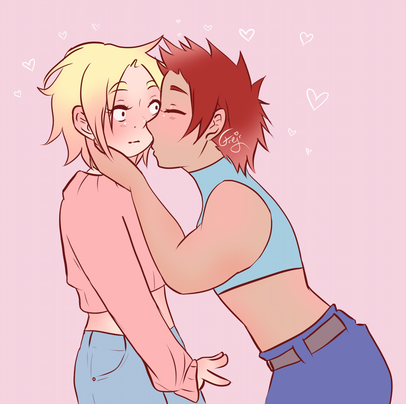 Kirishima and Kaminari from the hips up, Kaminari in a pastel pink croptop with long sleeves and light blue jeans, Kirishima in a pastel blue sleeveless turtleneck croptop and slightly darker blue jeans. Kirishima holds Kaminari's cheek while leaning forward to kiss him. Kaminari is blushing.The background is a solid light pink.