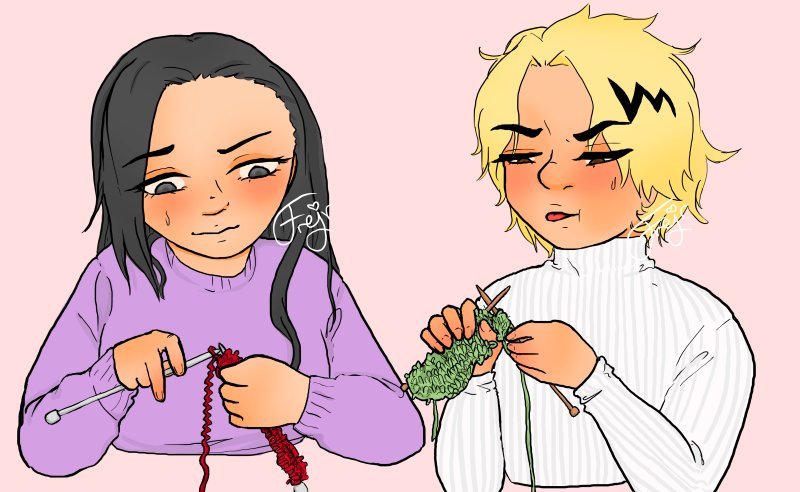 Momo and Kaminari from the waist up, Momo in a front view, Kaminari 3/4 view. Momo's hair is down and she's wearing a pastel purple sweater. Kaminari is wearing a white turtleneck. They're both learning how to knit, Momo's thread having been unraveled at least once. Momo is knitting with red yarn, Kaminari with green. Momo is looknig nervous, Kaminari is sticking his tongue out, eyebrows furrowed. It's not going very well. The background is a solid, very light peach.