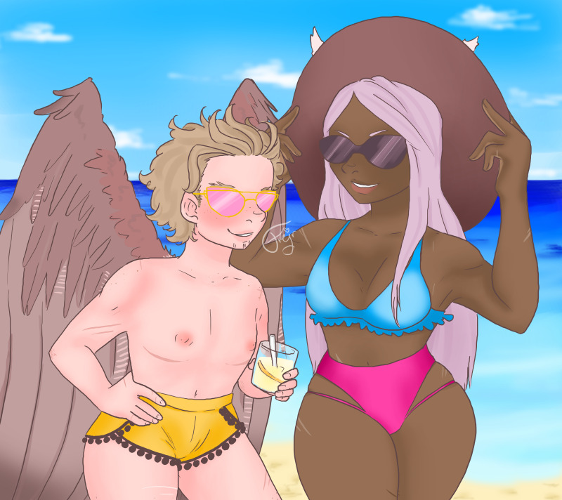 Hawks and Miruko on the beach, back before they had official colours. Hawks wings are brown, Miruko's hair is lilac. They're thigh up, somewhere between front-facing and 3/4 turn. Hawks is wearing yellow swimshorts with black pompoms along the hem of the bottom. He's got top surgery scars. Miruko is wearing a bright blue bikini top with a plunging neckline and highwaisted bright pink bikini bottoms. She's wearing a widebrimmed brown hat that she's holding on to with both of her hands, posing. Hawks has one hand on his hip, holding a drink in the other. They're both wearing sunglasses, Miruko's black mirror sunglasses and Hawks with gold frames and pink lenses. They're both smiling, looking kind of smug. They're standing in front of a sandy beach with a blue sea and a blue sky.