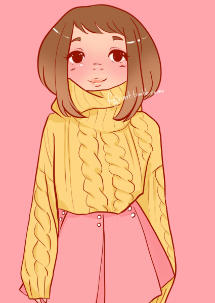 Ochaco wearing a bulky yellow cableknit sweater with a high loose turtleneck and a light pink pleated skirt with two vertically placed white pearls alongside the waist at the top, next to the seams of the pleats. Her arms are down, the image ends at the bottom of her skirt. She's smiling, looking forward. The background is a solid pink.