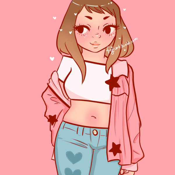 Ochaco in a front view, thigh up, right hand on hip, left hand hanging down. She's wearing a white croptop with a wide neckline, short sleeves, light blue jeans with darker blue hearts on the right leg. She's wearing a pink jacket that hangs off the right shoulder with stars on it. She's smiling and looking off to the side. The background is a solid pink.