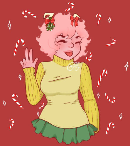 Mina from mid-thigh up, flashing a peace sign with her right hand, left arm down. She's smiling, sticking her tongue out, eyes closed. She's wearing a yellow turtleneck and a green pleated skirt, a red ribbon tied around her left horn, a red ribbon and mistletoe tied around her right horn. The background is a solid red with red and white candycanes spread across it.