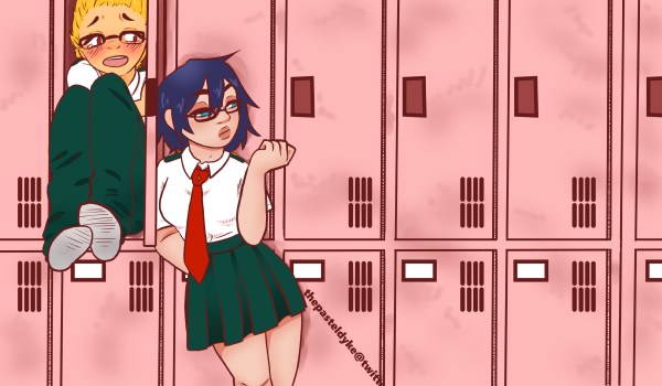 Midnight and Present Mic as students, wearing their school uniforms. Midnight has shoved Mic into a locker and is nonchalantly checking out her nails where she stands next to the open locker door, leaning against it. What's mostly visible of Micis his knees down and his head as he holds the locker door open with one hand, looking stressed out. The joke is due to twitter user tsodmike who wrote 'midnight looks like she used to shove nerds into lockers. Look at this woman, I'm telling you there is no way she didn't shove Yamada 'Present Mic' Hizashi into a locker on the first day of school and laughed as his screams got progressively louder.'