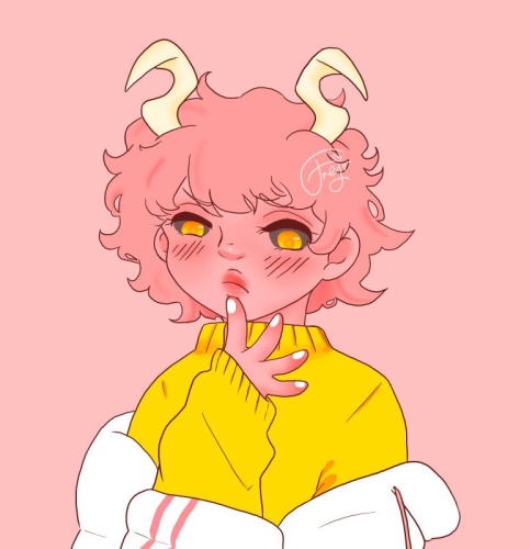 Mina from the chest up, left hand by her mouth, pouting in thought. She's wearing a bulky white jacket draped down around her upper arms, a yellow sweater underneath. The background is a solid light pink.