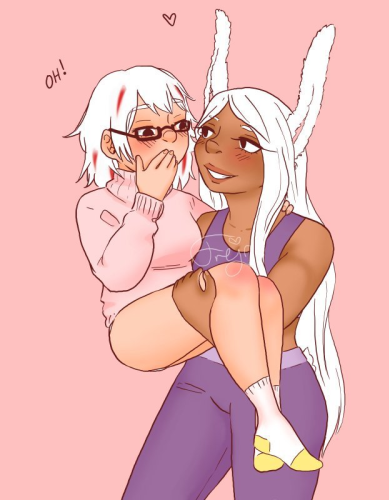 Fullbody Fuyumi and knee-up Miruko. Miruko is lifting Fuyumi bridal style in her arms, Fuyumi's arm is around Miruko's shoulders, the other hand covering her mouth in surprise. She's letting out a little 'oh!' Fuyumi is wearing a pale pink turtleneck sweater, has bare legs and wearing white and yellow socks. Miruko is grinning, wearing a matching sports bra and sweatpants in purple. The background is a solid light pink.