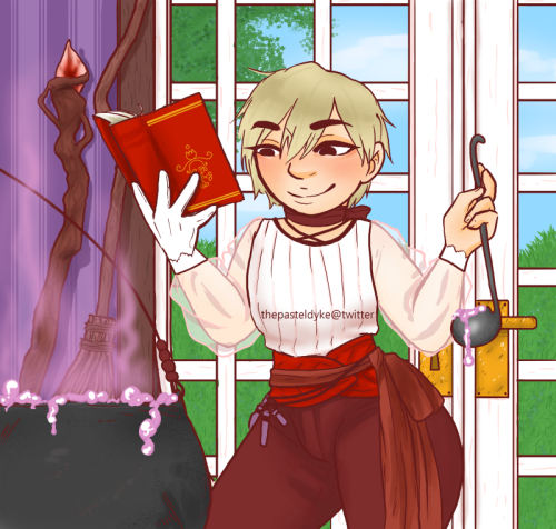 The picture uses brown instead of black. Monoma in a fantasy AU as a witch, from the thighs up, 3/4 view. He's holding a red book open with his right hand, a soup ladel with some sort of purple goop in his left. He's wearing a brown ribbon around his neck with the bow in the back, a ribbed white top with sheer sleeves, white gloves and brown trousers, a wide red belt around the waist tied together with a red sash. Small test tubes hang from the belt. There's a big cauldron in front of him full with more purple goop. Behind him is a door leading outside into a blue sky and greenery. Next to the door is purple wallpaper, a broom and a staff are leaning against the wall next to the door.