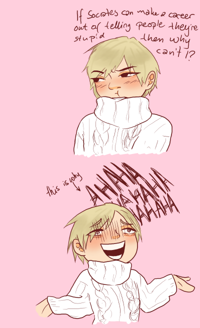 Two coloured sketches of Monoma in a white cableknit sweater, the top one Momoma is pouting, saying 'If Socrates can make a career out of telling people they're stupid then why can't I?!'. The second is Monoma laughing loudly and maniacally with an arrow pointing toward him saying 'this is why.' The background is a pale pink.