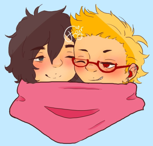 Teenage Present Mic and Eraserhead wearing a pink scarf together, cutting them off at the scarf into floating heads. Eraserhead is smiling, looking tired with bloodshit eyes. Mic is grinning, winking at Eraserhead. He's got a red hearingaid. The background is a solid baby blue.