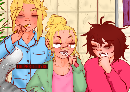 All Might, Present Mic and Eraserhead, All Might from the hips up, Mic and Eraserhead from the waist up. They're all brushing their teeth, eyes closed, looking  very tired. All Might is wearing a light blue button up pajamas with black piping. Mic is wearing a pink t-shirt under a green cardigan, hair up in a messy bun and under-eye patches. Eraserhead is wearing a red sweater. A cat is at the edge of the picture in front of All Might, stretching. The background are light yellow bathroom tiles, the leaves of a plant behind All Might and the corner of a shower behind Eraserhead.