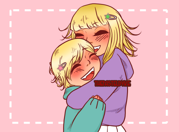 Younger versions of Monoma and Toga, Toga from the hip up, Monoma from the waist up. Himiko is hugging Monoma by the neck, Monoma is holding on to her arm. Both are smiling wide with their mouths open, laughing, eyes closed. Monoma is wearing a blue hoodie, Toga is wearing a purple hoodie and a white pleated skirt. They're wearing matching star-shaped hairclips, Monoma's is pink, Toga's is green. The background is a solid light pink.