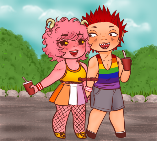 Kirishima and Mina as fullbody chibi style figures. They're walking down a road, holding hands, on a friendship date. Mina is wearing a yellow cropped haltertop with orange piping and a pleated skirt where each pleat is a different colour. The colours form the lesbian sunset flag. She's wearing a red sweatband around her wrist with white stripes and fishnet stockings. She's wearing yellow shoes and holding a soda in her right hand. Kirishima is wearing a tanktop in the colours of the rainbow flag. He's wearing grey shorts and black shoes, a pink sweatband with white stripes around his left hand.. He's holding a soda in his right hand. The background is a gravel pathway lined with rocks, green bushes behind them, and a blue sky with white clouds.