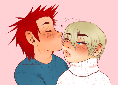 Kirishima and Monoma from the shoulders up. Kirishima is looking to the side, kissing Monoma on the tip of the nose, his eyes closed. He's wearing a blue sweater. Monoma has the eye closest to where Kirishima is kissing closed, smiling. He's wearing a white sweater with a loose turtleneck collar. They're both blushing. The background is a solid light pink.