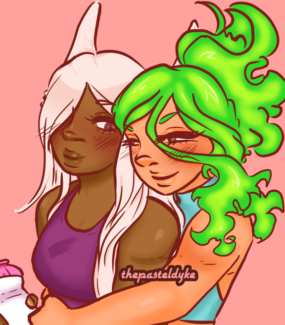 Miruko and Burnin from the waist up, 3/4 view. Burnin is standing behind Miruko, hugging her from behind. Miruko is holding a waterbottle in her right hand, looking at Burnin fondly, small smile on her face. Burnin is smiling, looking back at Miruko. Burnin's hair is in a ponytail, she is wearing a light blue cropped turtleneck haltertop. Miruko is wearing a purple tanktop. The background is a solid peach.