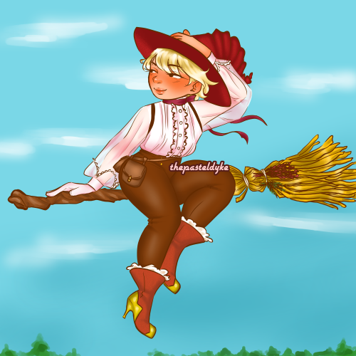 The picture uses brown instead of black. Fullbody picture of Monoma in a fantasy AU as a witch, riding a broomstick, flying high in the sky. He's sitting on the broom side saddle, right hand holding on to the broom, left hand holding a wide brimmed hat to his head. He's wearing a brown ribbon around his neck with the bow in the back, a ribbed white top with sheer sleeves, white gloves and brown trousers, a wide red belt around the waist tied together with a red sash. Small test tubes hang from the belt. He's wearing mid calf high red boots with a kitten heel and gold detailing, as well as white lace along the top. The background is a blue sky with white clouds with trees along the bottom.