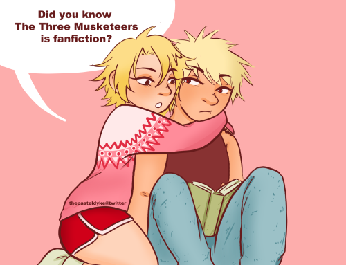 Kaminari is kneeling, hugging Bakugo from behind, arms around his shoulders. Bakugo is sitting with his legs up, a book on his lap. Kaminari is wearing a knitted sweater where the upper half is white and the bottom half is pink and red shorts with white piping. Bakugo is wearing a black tanktop and lightblue jeans. Kaminari is saying 'did you know The Three Musketeers is fanfiction?' The background is a solid peach pink.