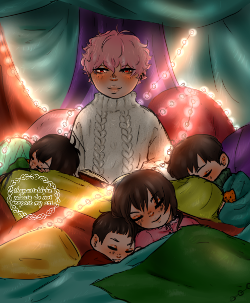 Takeuchi and the children from the anime, buried in a heap of pillows and blankets. The kids are sleeping around Takeuchi, who is sitting up, reading a book. Fairy lights are strung around the blanket fort. Takeuchi is wearing a cableknit white sweater, no eyepatch and his hair down.