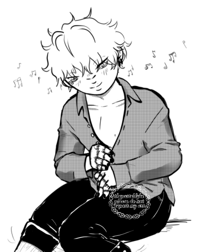 Doodle of Takeuchi, sitting down, humming to himself as he buttons up his shirt. His hair is down.