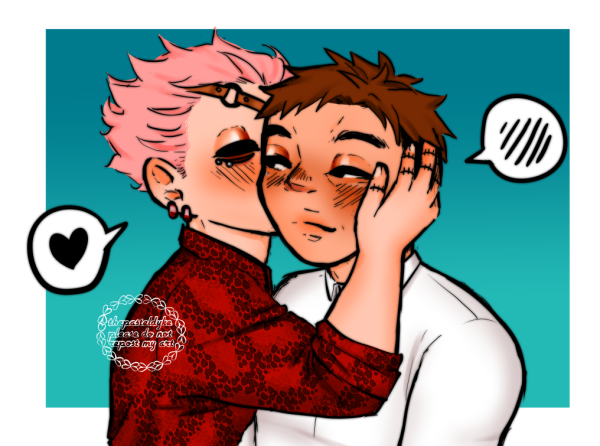 Takeuchi holding Yamagami by the side of the face, kissing his cheek. Yamagami is blushing.