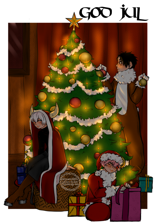 Picture that reads 'God jul' (happy yule in swedish). Takeuchi, dressed as Santa, sitting on the ground is wrapping presents, Suwa, dressed as Krampus, sitting on a big wicker basket. Kurusu is dressed as a reindeer, putting decorations on a yule tree.