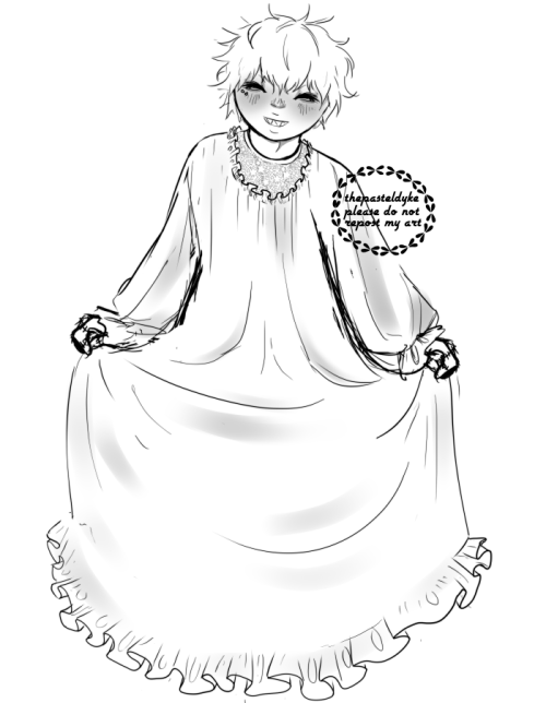 Doodle of Takeuchi, hair down and no eye-patch on, dressed in a frilly nightgown, modelled after one that I've sewn for myself.