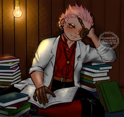 Takeuchi sitting on the floor, countless books spread around him, his left arm propped up on one of the pile of books. side of his head leaning against his hand. His right hand is resting on an open book on his lap. The room is lit by a lowhanging naked lightulb.