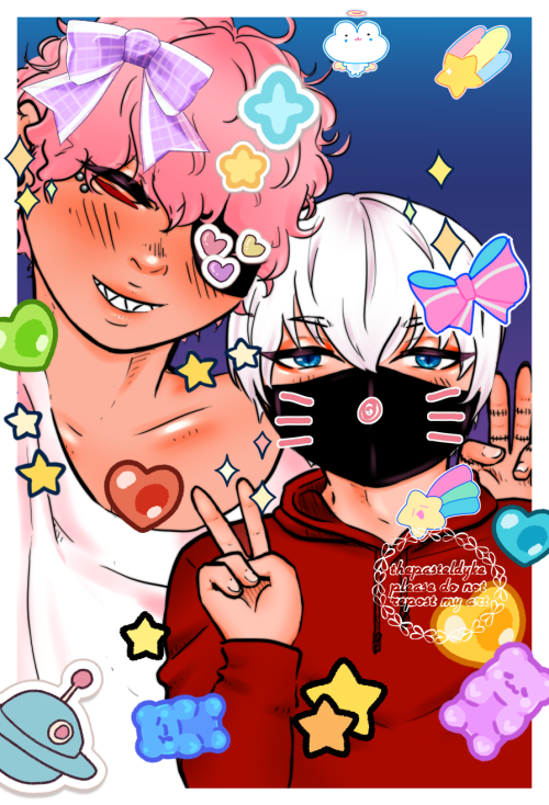 Takeuchi and Suwa taking a selfie. They're both flashing peace signs, Takeuchi grinning with his eye closed, Suwa with a slight blush hidden behind a mask. Takeuchi is wearing a white shirt with a wide neckline, Suwa is wearing a red hoodie. The picture is decorated with a bunch of stickers shaped like ribbons, gummybears, stars, hears, sparkles etc.