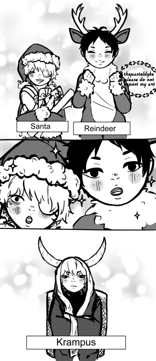 Comic strip with three panels. Panel one: Takeuchi and Kurusu dressed as Santa and a reindeer. Panel two: closeup of their faces, looking in excited awe. Panel three: Suwa dressed as Krampus.