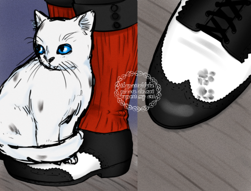 Two pictures side by side. Left: Suwa as a white cat with black spots where his stigmatas would be, sitting on Takeuchi's shoes. Right: Two little paw prints left behind on top of Takeuchi's shoe.