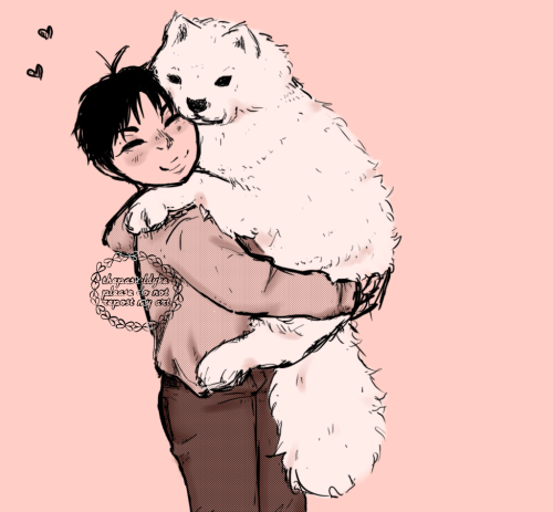 Kurusu with a big and fluffy samoyed dog in his arm. He's wearing a hoodie and jeans. Little hearts are floating away from him.