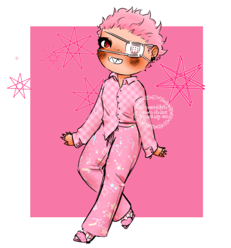 Takeuchi in chibi form, dressed in a pink Pajamas.