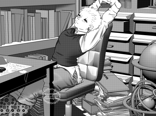 Takeuchi, dressed in a sweatervest over a dress shirt, trousers and socks with gears on them, is stretching his arms above his head, leaning back in a chair. You can see a cluttered room behind him, full with books both on a shelf and on the floor. His eyepatch is momentarily discarded on the table in front of him.