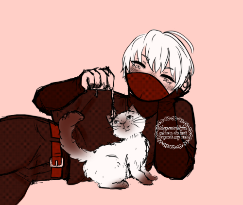 Suwa lying on his side, head propped up on his hand as he plays with a himalayan patterend cat. He's wearing a t-shirt over a longsleeved turtleneck shirt, a mask and jeans.