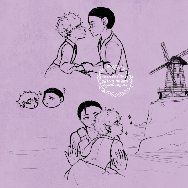 Continuation to the previous two images, another three doodles of Takeuchi as the little mermaid, this time also featuring Maeda as the prince. 1: Maeda and Takeuchi looking into each others eyes, all romantic. 2: Takeuchi notices something behind Maeda. 3: Takeuchi is leaning toward a windmill further away, completely distracted from Maeda. He's wearing Ariel's clothes from the song Kiss the Girl.