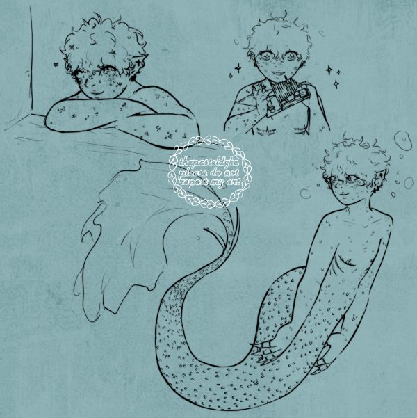 Three doodles of Takeuchi as the little mermaid. One: Takeuchi leaning against the deck of a boat, chin leaning against his arm. Two: Takeuchi starry-eyed at the discovery of an old-fashioned camera. Three: Fullbody doodle of Takeuchi as a mermaid.