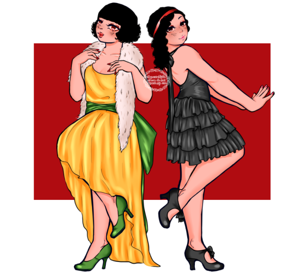 Misaki and Aoi dressed as flappers, Misaki with her short hair curled at the tips, a fur boa over her shoulders. She's wearing a loose golden yellow dress that goes from mid-length in the front to full length in the back. A green sash is tied into a ribbon in the back at her hips. Aoi is wearing her hair down and curled, a red band in her hair. She's wearing a black halterneck dress that is tied together at the nape of the neck into a long ribbn. The dress is tight on the top but loose and tiered in the skirt. Misaki is wearing green shoes, Aoi black shoes.