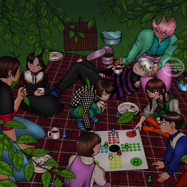 Takeuchi, Suwa, Kurusu and all the vampire children from the anime are on a night time picnic. Suwa has his head on Takeuchi's lap, Takeuchi's hand in his hair. Most of the kids are playing ludo while Kurusu is taking to Ayame, some blood pudding on a fork, about to eat. They're eating blood pudding and drinking blood from mugs. Branches from trees can be seen in the foreground.
