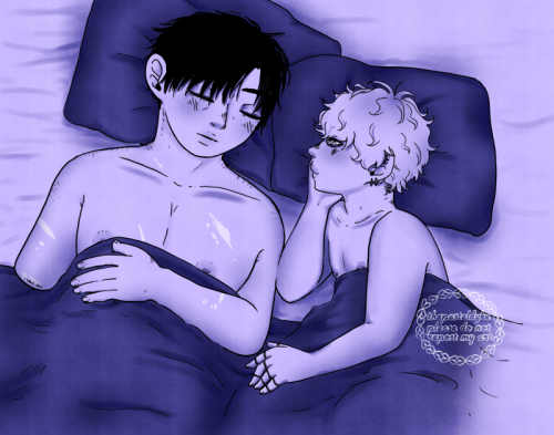 The first image in a sequence of three images. Maeda is sleeping on his back, eyes closed, looking peaceful. Takeuchi is lying on his side, cheek resting on his hand as he watches Maeda sleep. They're both naked, covered by a blanket, pillows under their heads.