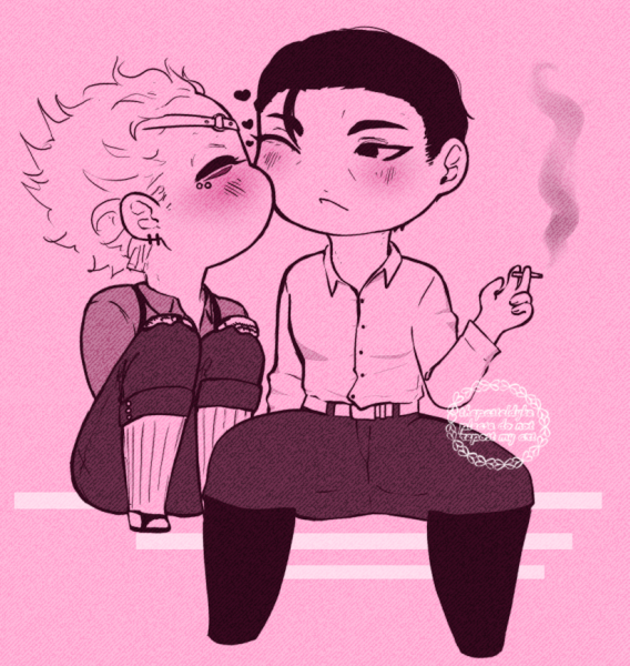 Chibi drawing of Maeda and Takeuchi. Takeuchi with his legs pulled up to his chest and hands on his knees as he kisses Maeda on the cheek. Maeda's sitting with his legs wide apart, lit cigarette in his hand. They're both blushing.
