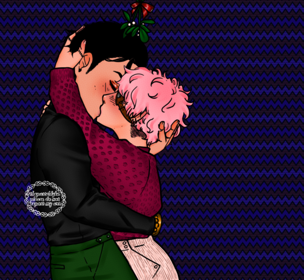 Maeda and Takeuchi underneath a mistletoe, bodies pressed close against each other as they kiss. Maeda's right arm is around Takeuchi's waist, prosthetic hand visible against his back. His other hand is at the back of Takeuchi's head, buried in his hair. Takeuchi's left arm is in Maeda's hair, his right hand at his neck. Takeuchi is wearing a knitted winered sweater and white corduroy trousers while Maeda is wearing a black longsleeved shirt and green trousers.