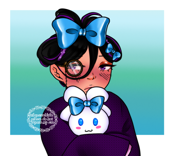 Tenmanya is holding on to a Cinnamoroll plushie, Cinnamoroll's ears done up together with a ribbon. Tenmanya's hair is done up the same way, a matching blue ribbon tying it up on his head. He's wearing a purple kimono and his usual monocle. Image is part of a meme due to a collaboration between Sanrio and Hatsune Miku where Miku and Cinnamoroll were styled with matching ears and hair.