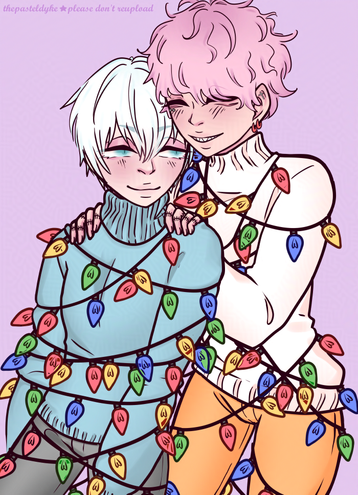 Digital drawing of Suwa and Takeuchi from Mars Red from the thigh up. Takeuchi is standing behind Suwa with his hands on his shoulders, while Suwa looks over his shoulder at Takeuchi. Both are wrapped in colourful christmas lights. There is no partiucluar lighting.