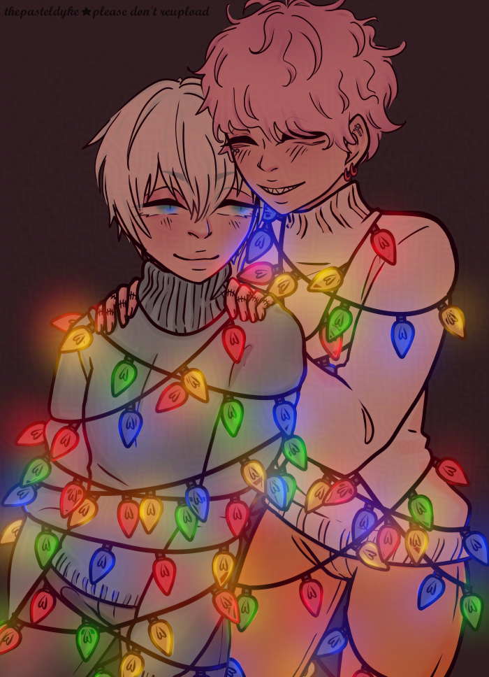 Digital drawing of Suwa and Takeuchi from Mars Red from the thigh up. Takeuchi is standing behind Suwa with his hands on his shoulders, while Suwa looks over his shoulder at Takeuchi. Both are wrapped in colourful christmas lights. The lights light them up in red, blue, green and yellow.