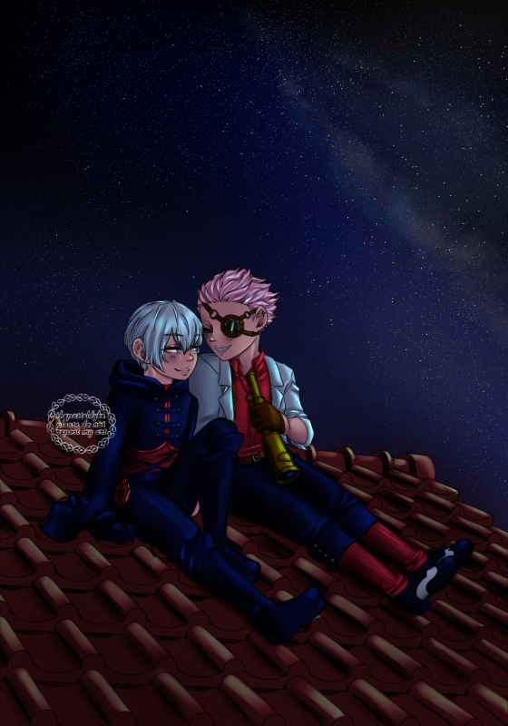 Suwa and Takeuchi sitting high up on a roof, underneath a sky littered with stars. Takeuchi is holding a telescope, grinning at Suwa, Suwa is looking at Takeuchi, smiling.