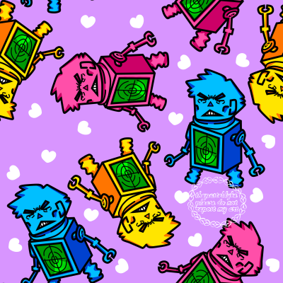 A pattern with colourful drawings of Yamagami radar robots in blue, yellow and pink.