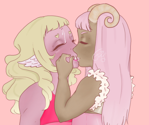 Character names: Annéa and Sorbet. Annéa has pink skin and long curly blonde hair. Her ears are shaped like wings. She's got big lower teeth, clasically seen on orcs, a gunshot in her forehead leaking foluid. Sorbet has brown skin and long straight pink hair, curly horns growing out of her forehead. Annéa is wearing a pink top, Sorbet is wearing a gold top with white frills as shoulder straps, and shiny pink bottoms. They're leaning close to each other, kissing. Sorbet is caressing Annéa's cheek with the back of her fingers. Their eyes are closed and they're smiling into the kiss.