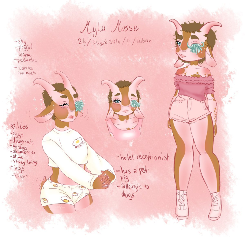 Character names: Myka. Myka has short brown hair, pink and brown patterend skin. Horns grow out of her forehead and has goat ears. Instead of a left eye she has slime coming out of the eye socket. There are three pictures of Myka. One fullbody picture where she's wearing white shorts and a pink off-the-shoulder shirt with short sleeves and frills along the collar and cuffs of the sleeves. Second is a picture of her thighs up, stretching her arms in front of her. She's wearing a pajamas with shorts and a cropped long-sleeved shirt. The pajamas is white with eggs on it. Third is a bust of her in a pink t-shirt with a lower neckline. There is text on the image listing some information about her.