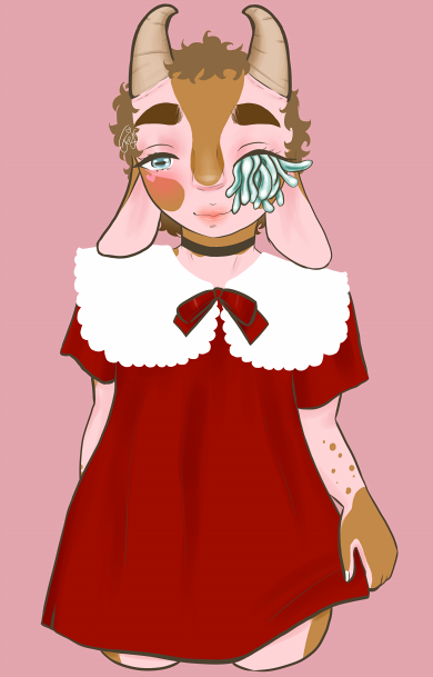 Character name: Myka Mosse. Myka has short brown hair, pink and brown patterend skin. Horns grow out of her forehead and has goat ears. Instead of a left eye she has slime coming out of the eye socket. She's wearing a red dress with a white drilly collar tied together with a red ribbon in the front. She's holding on to the hem of the skirt with her left hand, her right hand hidden behind her.