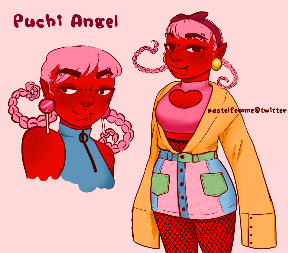 Character name: Puchi Angel. She's got bright red skin and pink hair in two braids. The braids are curling and looping in the air, defying gravity. She's got several piercings, in her eyebrows, bridge of her nose, beneath her left eye. She also has sharkbite piercings and several piercings in her ears. There are two drawings of her. On the left is a bust, she's wearing lollipop-shaped earrings and a sleevelessblue turtleneck shirt with a zipper in the front. On the right she's seen standing with her arms down, image cut off above the knees. She's wearing big flat gold earrings that look like a circle. She's wearing a cropped turtleneck with a heart cutout on the chest as well as a yellow shirt with long sleeves that hides her hands. She's wearing a miniskirt that is colourblocked in blue, green and pink with pockets in the front, as well as fishnet stockings.